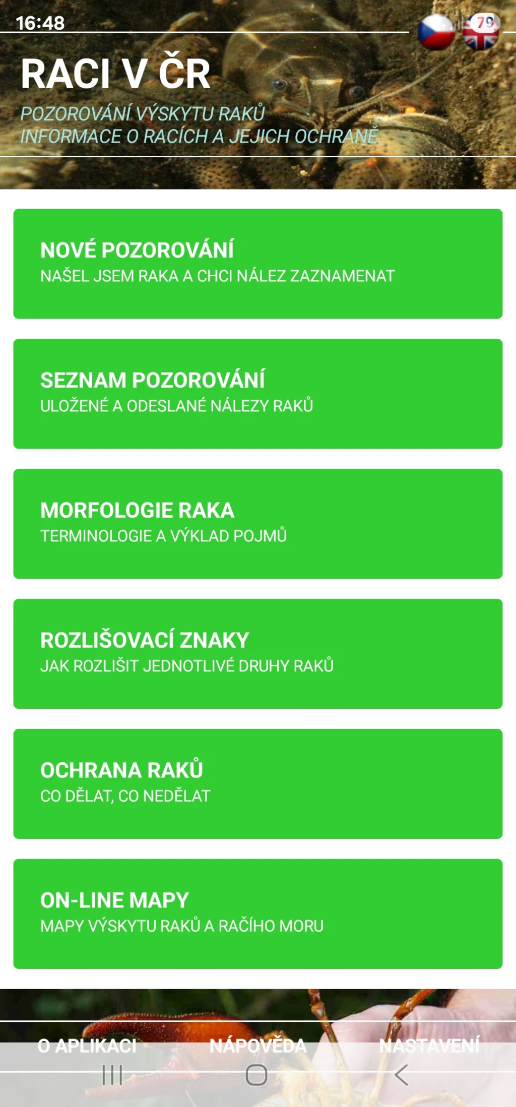 Úvodní stránka aplikace Raci v ČR